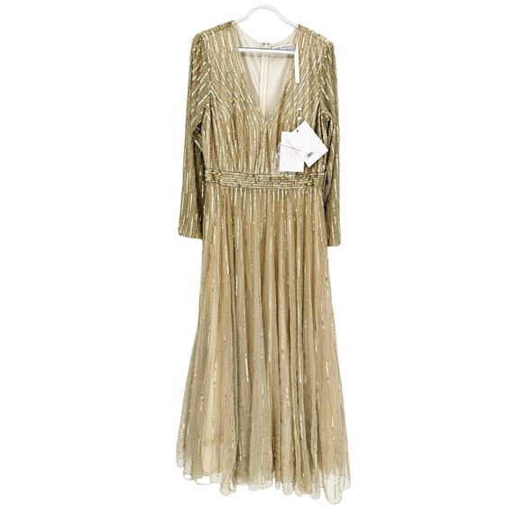 Mac Duggal 4977 Gold Sequin Beaded Illusion Sleeve Gown 4 NWT - Picture 2 of 9